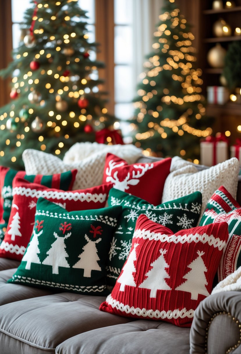 A cozy living room with a sofa decorated with knitted Christmas-themed cushion covers and a decorated Christmas tree in the background.