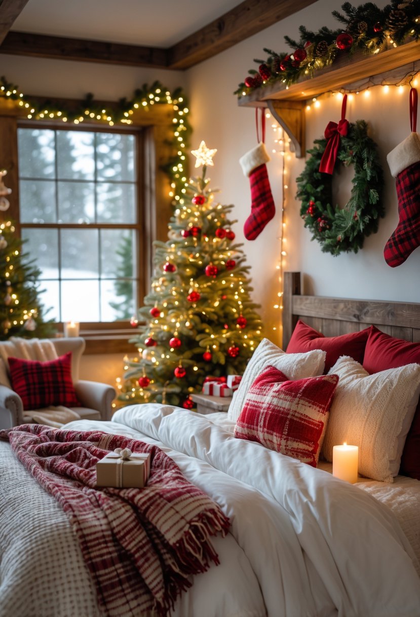 A cozy bedroom decorated for Christmas with a bed, fairy lights, a small Christmas tree, stockings, and holiday decorations.