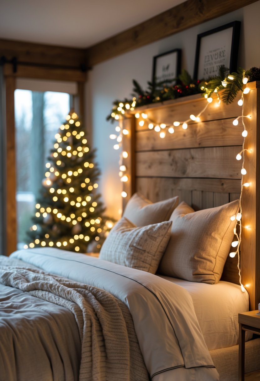 A cozy bedroom with a wooden headboard decorated with warm white twinkle string lights and festive Christmas decorations.