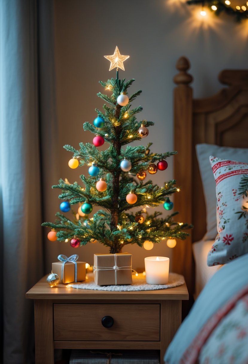 A small decorated artificial Christmas tree on a nightstand in a bedroom.