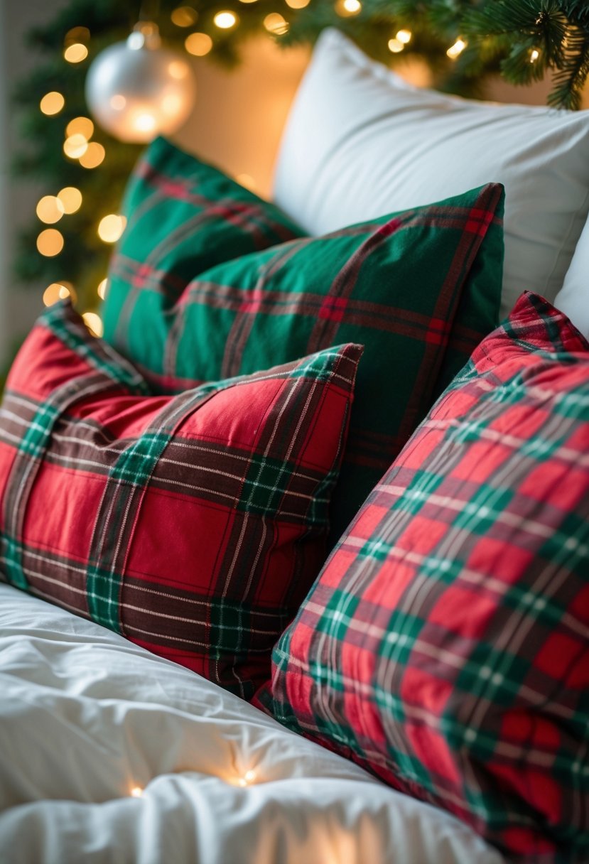 A bed with red and green plaid throw pillows arranged on white bedding in a cozy bedroom decorated for Christmas.