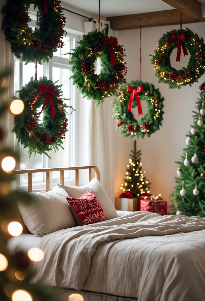 A bedroom with a bed frame featuring multiple Christmas wreaths hung above it, decorated for the holiday season.