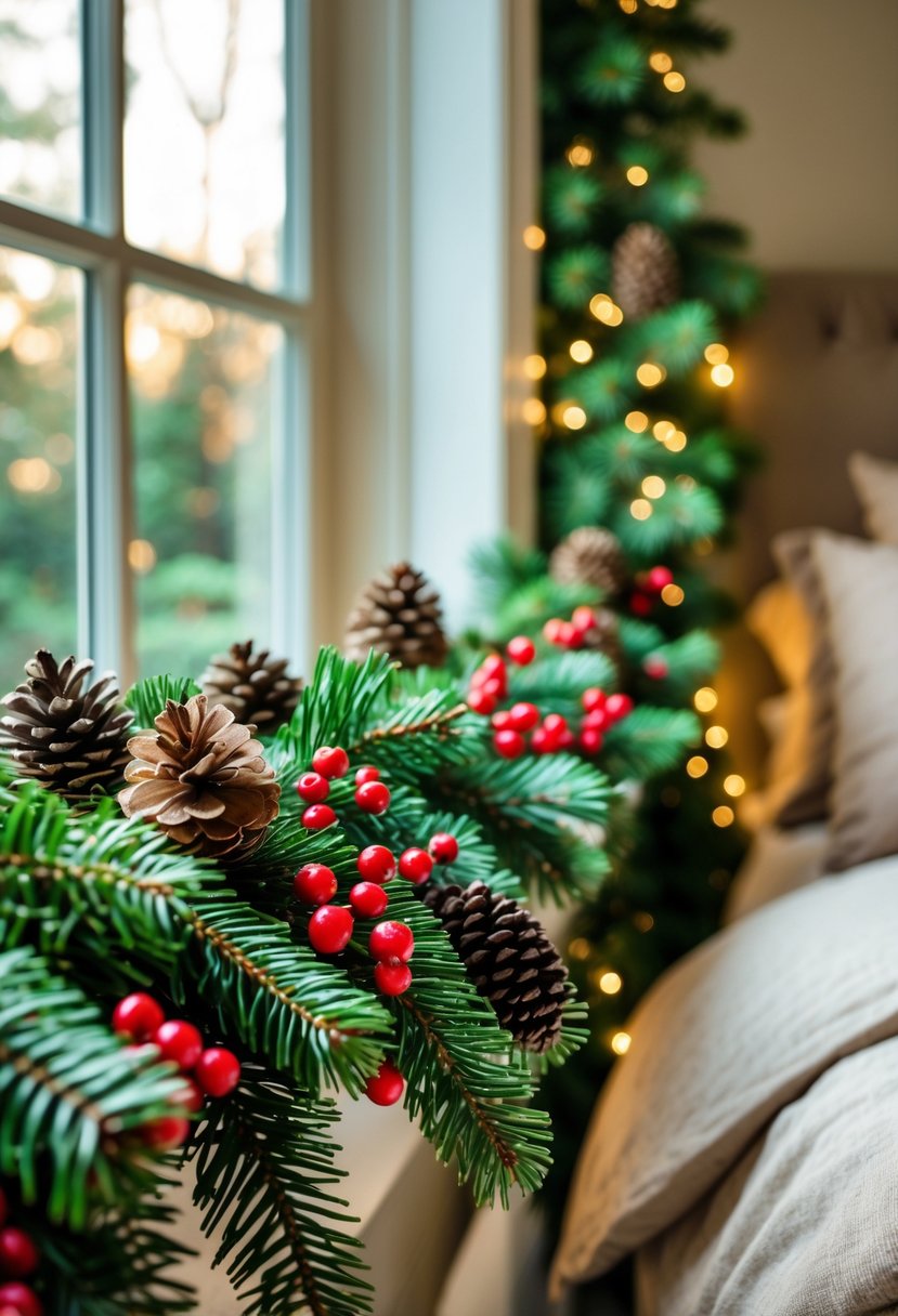 A bedroom window sill decorated with a garland of pinecones and red berries, with a bed visible in the background.