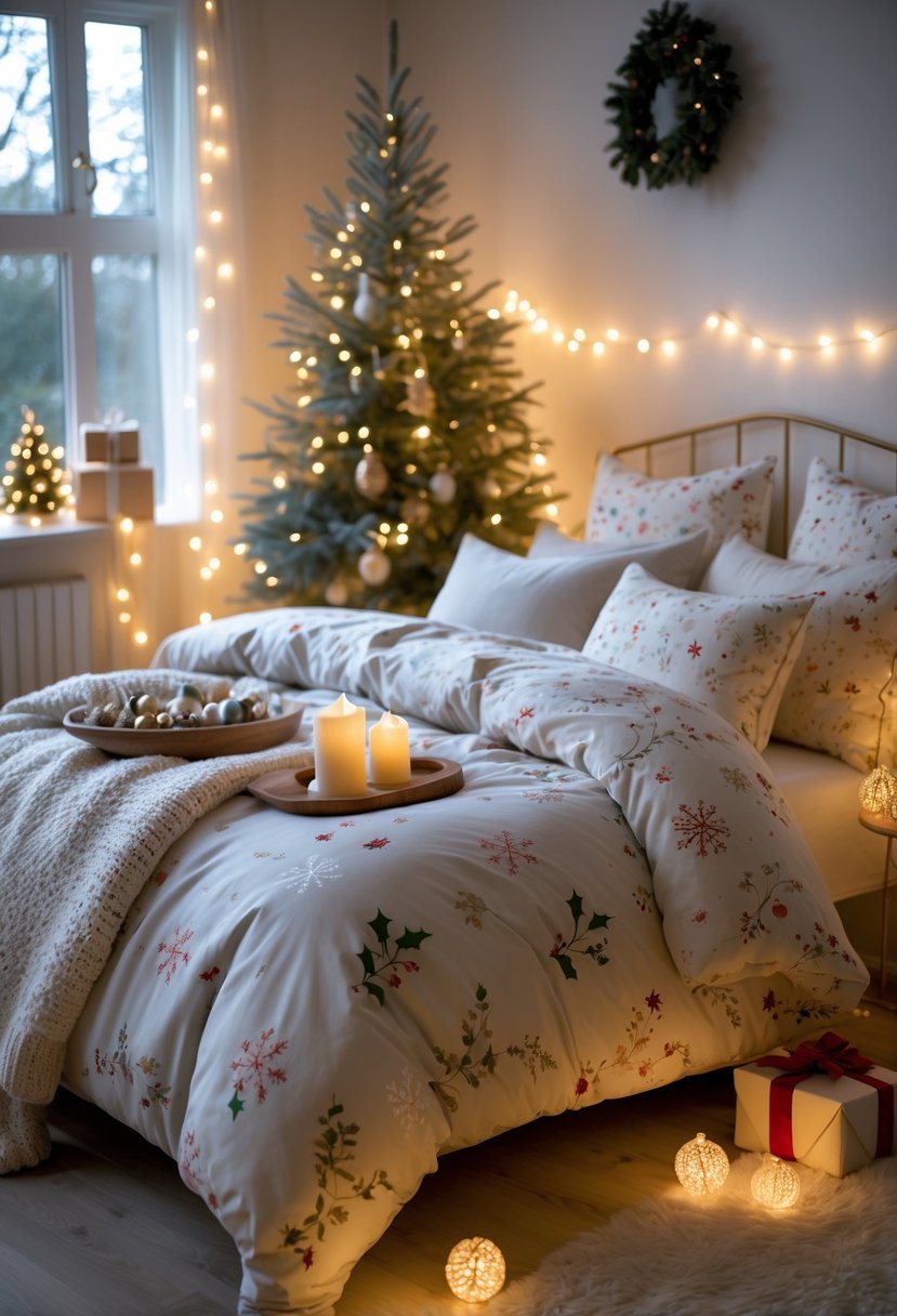 A cozy bedroom with a bed covered in festive duvet covers featuring subtle holiday patterns, warm lighting, a small decorated Christmas tree, and holiday decorations.