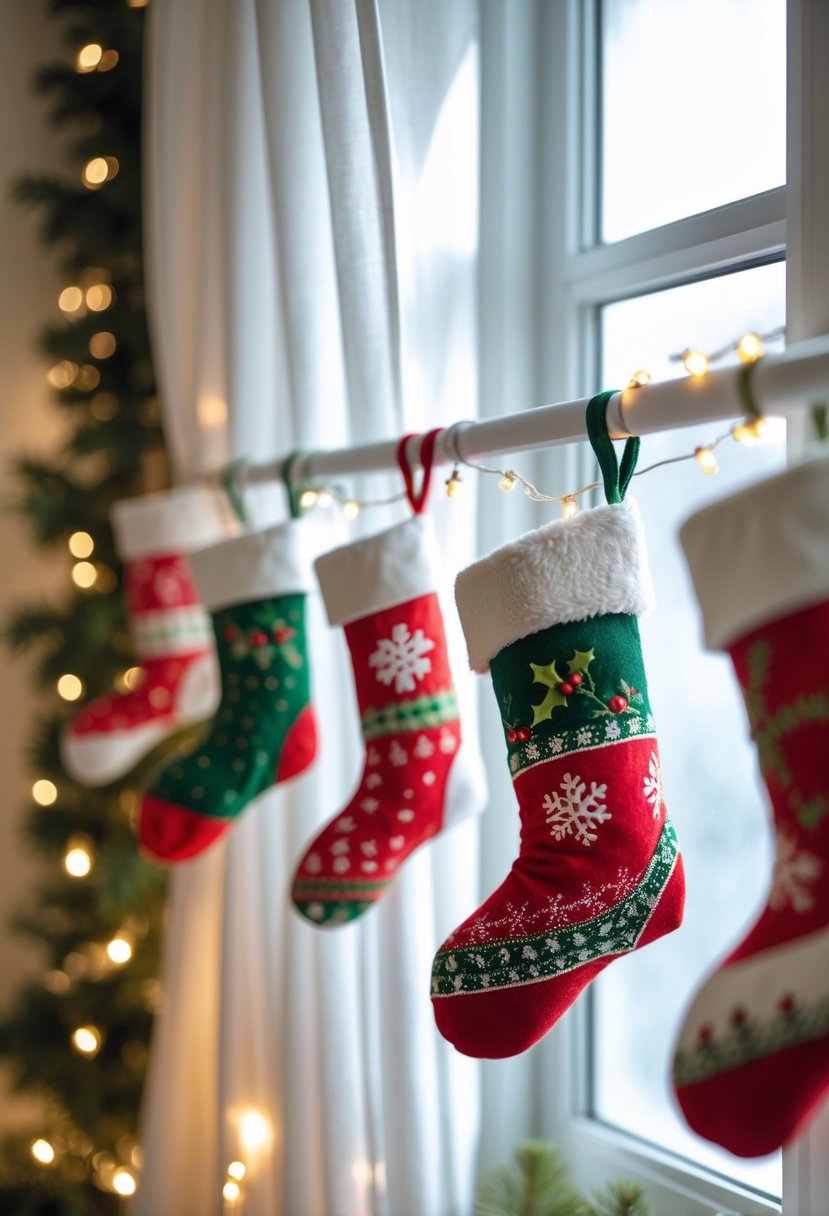 Mini Christmas stockings pinned along a curtain rod above a bedroom window with soft natural light.