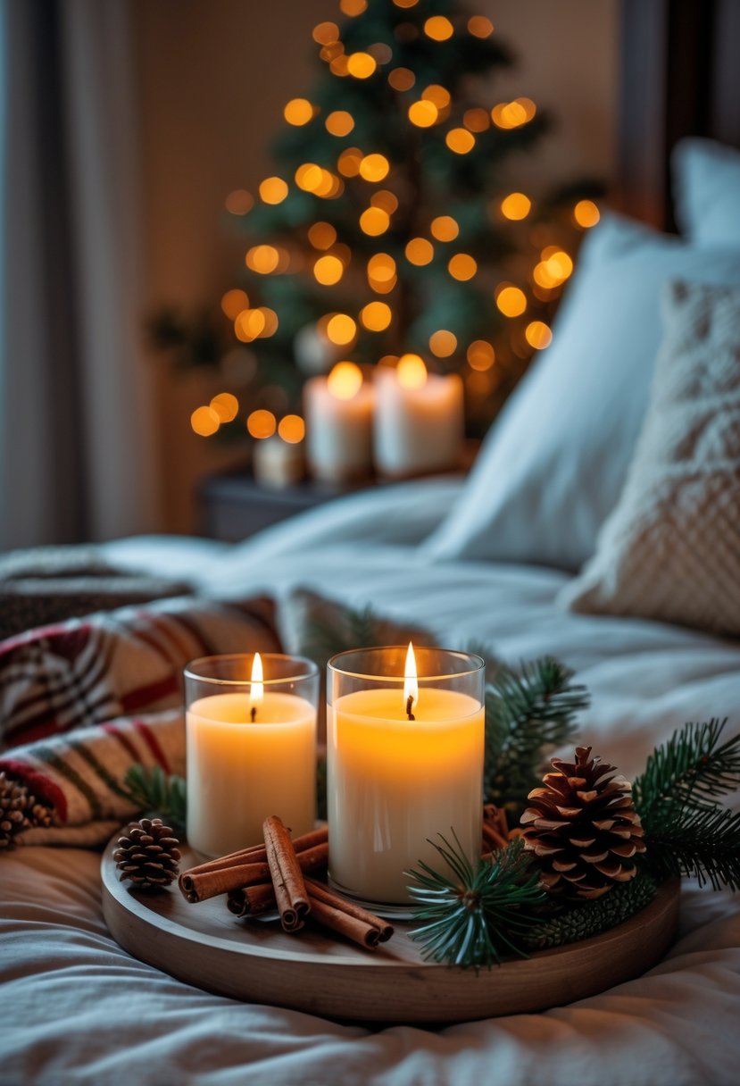 A bedroom with bedside tables holding lit cinnamon and pine scented candles, surrounded by holiday decorations.