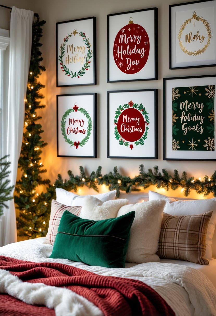 A cozy bedroom decorated for Christmas with framed holiday-themed wall art, festive decorations, and soft lighting.