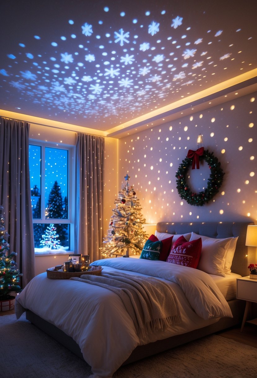 A cozy bedroom with LED projector lights creating a falling snow effect on the walls and ceiling, decorated for Christmas with a small tree and festive bedding.