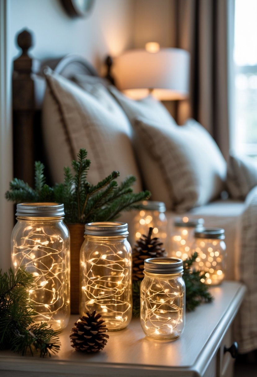A bedside table with mason jars filled with glowing fairy lights next to a neatly made bed.