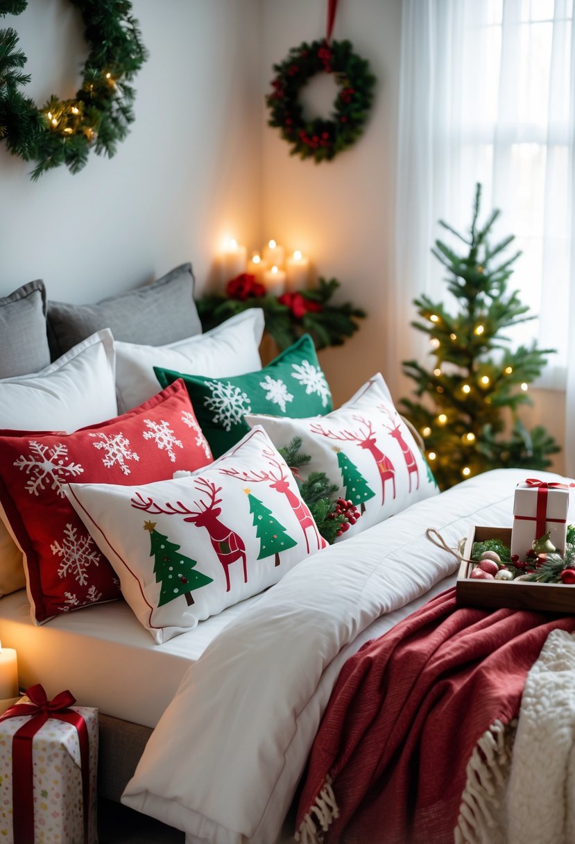 A bedroom with a bed featuring Christmas-themed pillowcases and holiday decorations around it.