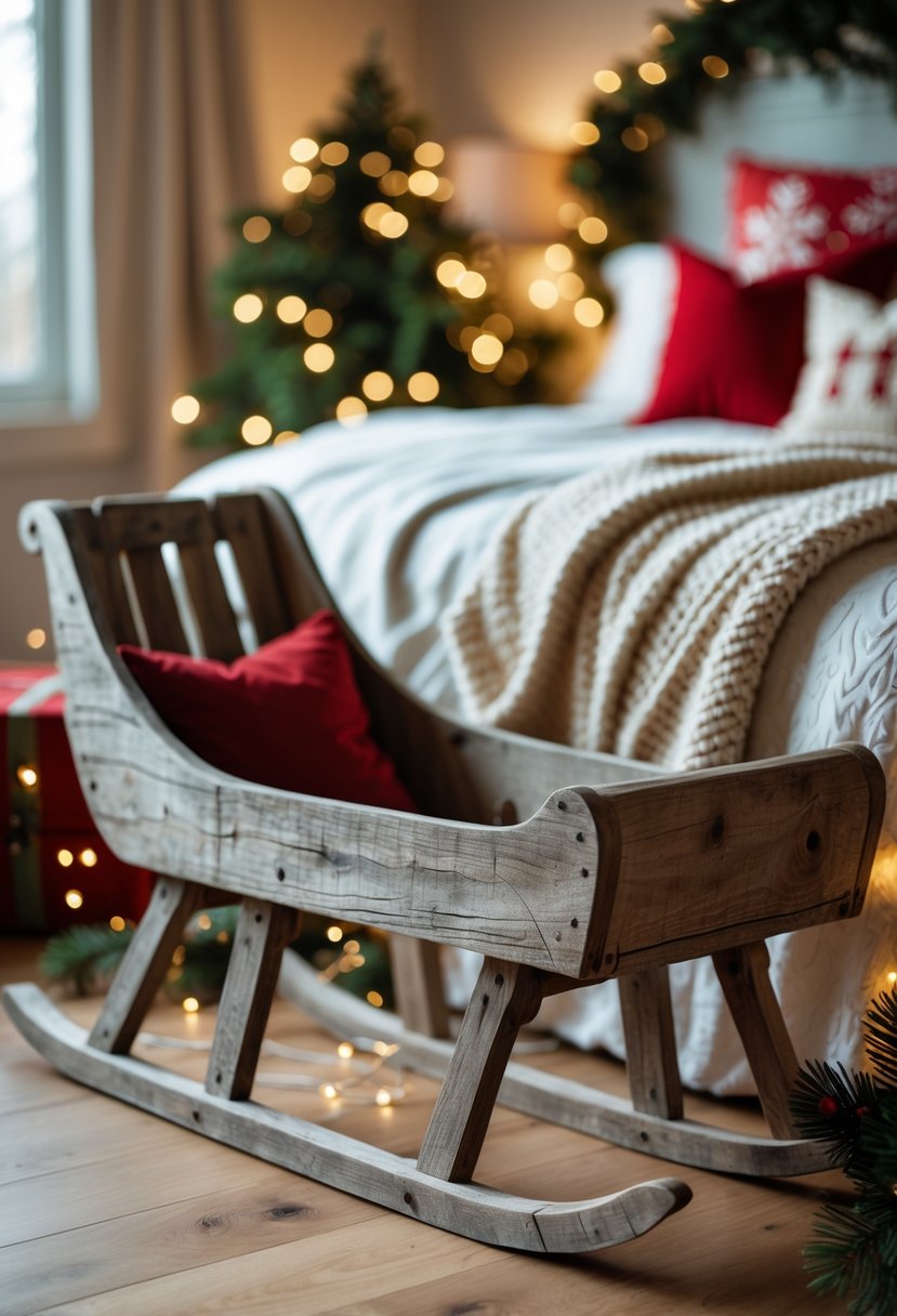 A rustic wooden sleigh used as a decoration in a cozy bedroom decorated for Christmas.