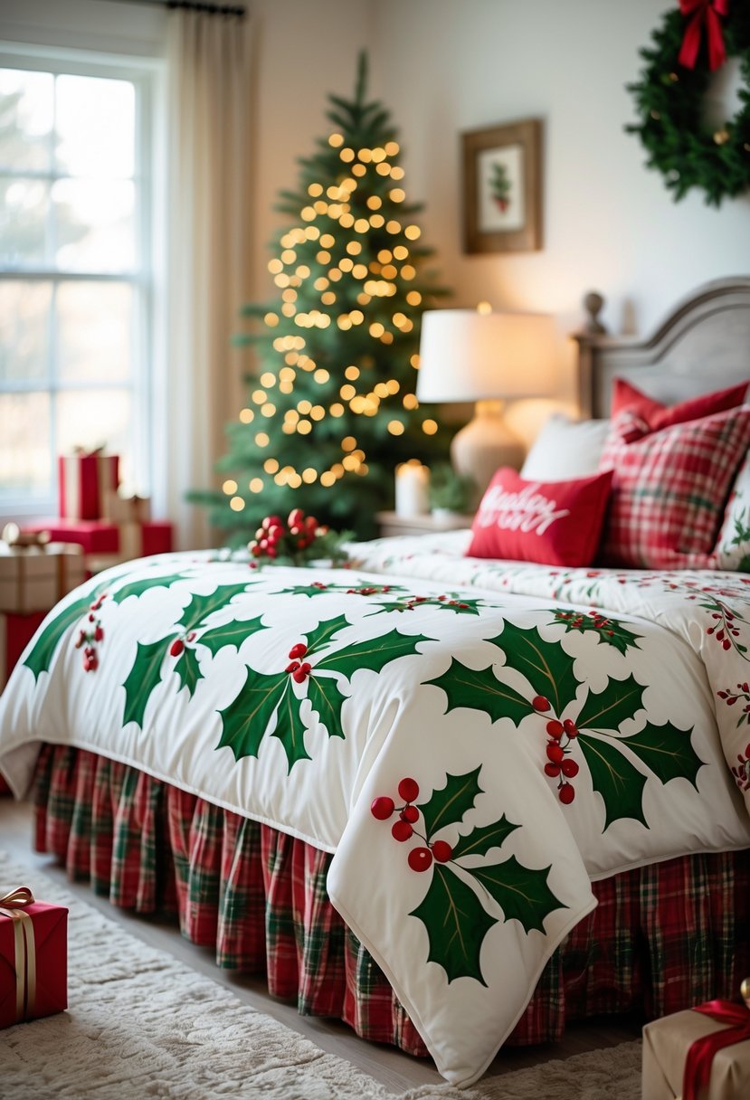 A cozy bedroom with a bed featuring Christmas-themed bed skirts decorated with holly designs, surrounded by holiday decorations and warm lighting.