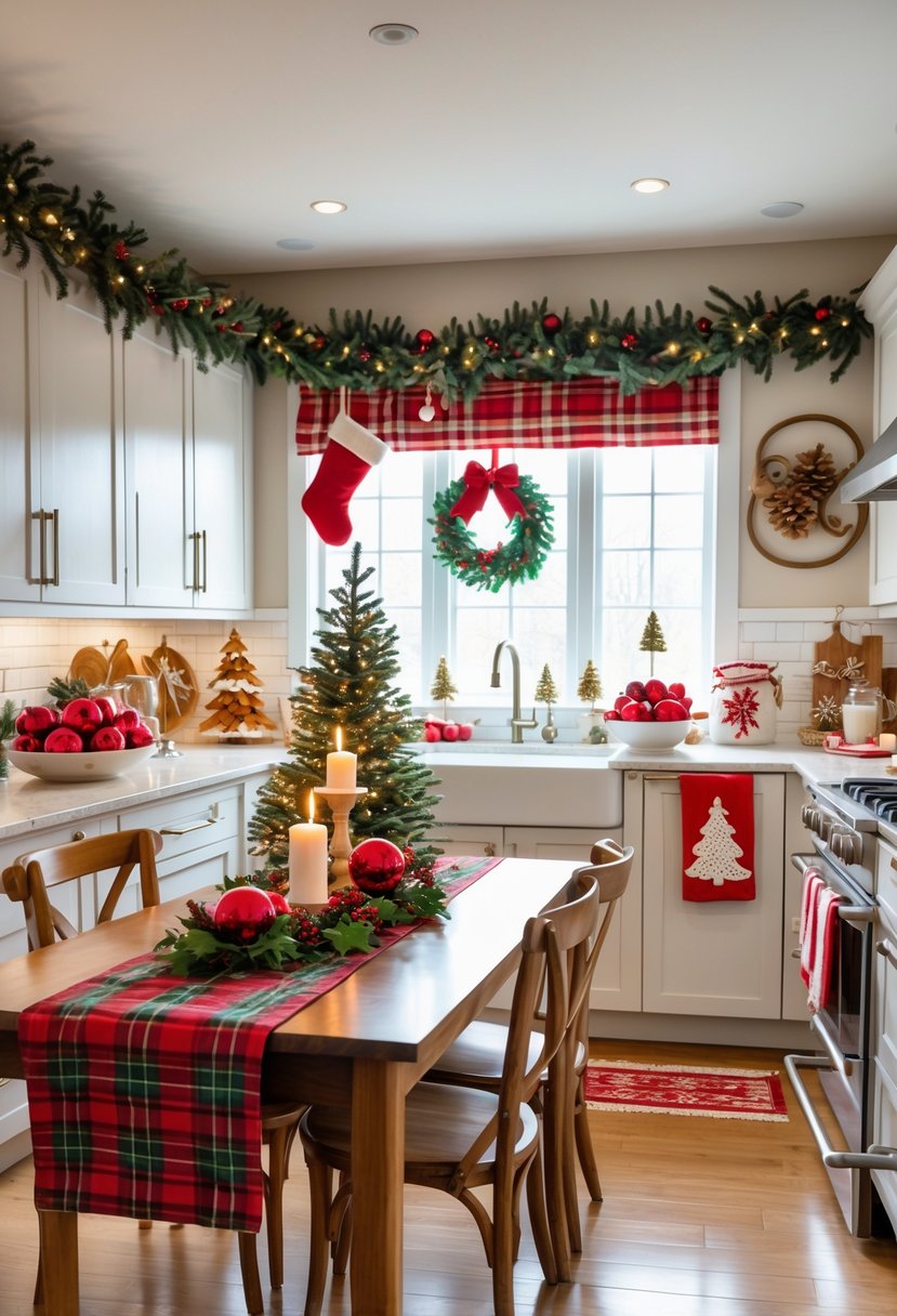 v2 15vvcv svwbn A kitchen decorated for Christmas with a table centerpiece, garlands, stockings, a small Christmas tree, festive towels, and holiday ornaments.