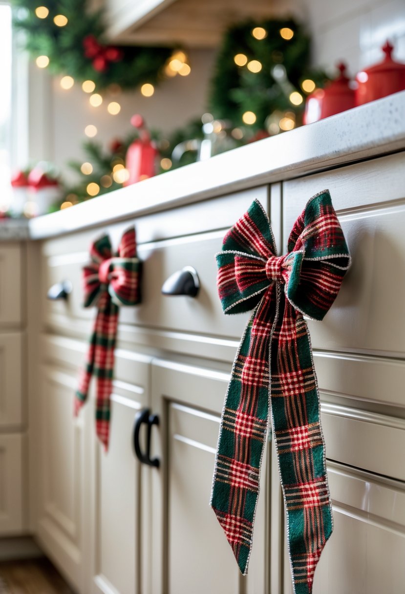 v2 15vvd8 09azj Kitchen cabinets with cabinet handles decorated with red and green plaid bows and subtle Christmas decorations in the background.