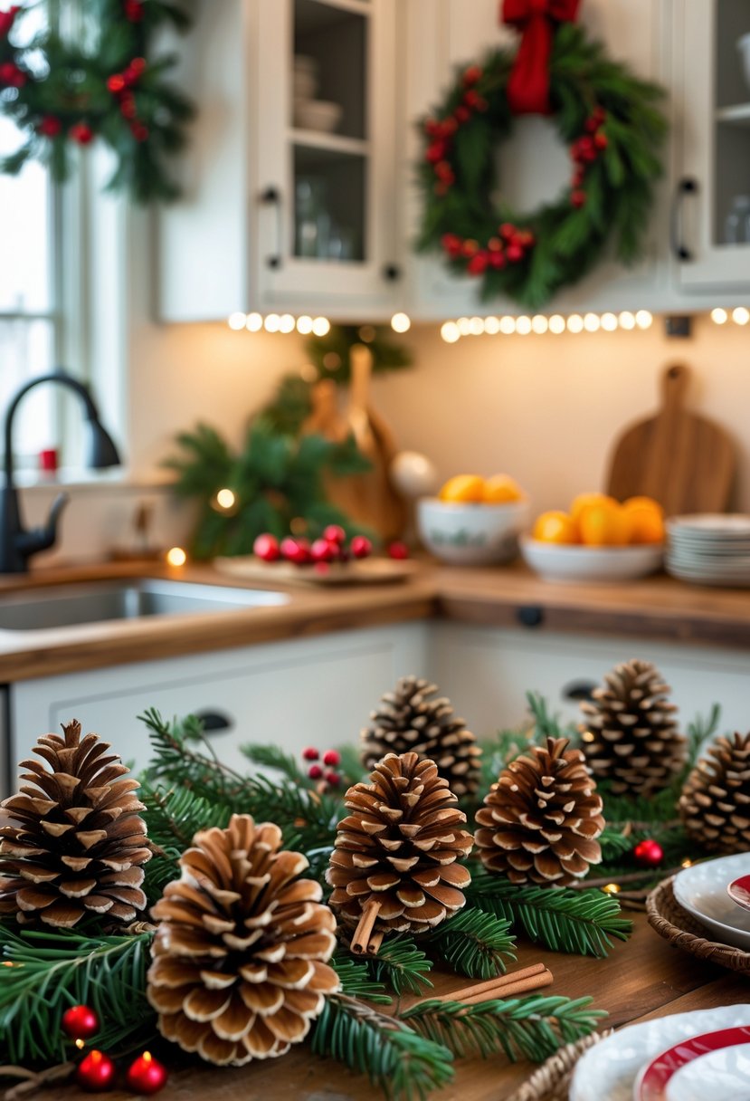 v2 15vvdp jk8fu A kitchen decorated for Christmas with cinnamon pinecone displays, evergreen sprigs, and warm holiday accents on a wooden table.