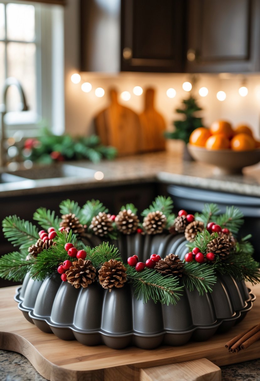 v2 15vve0 tadup A festive Christmas wreath made from a bundt pan decorated with pine cones, berries, and cinnamon sticks on a kitchen countertop with holiday decorations.