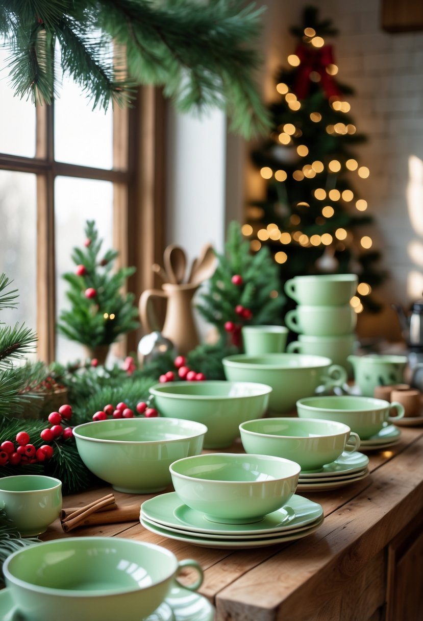 v2 15vvei 33sbp A kitchen countertop with vintage green jadeite dishes surrounded by Christmas decorations including pine branches, red berries, and cinnamon sticks.