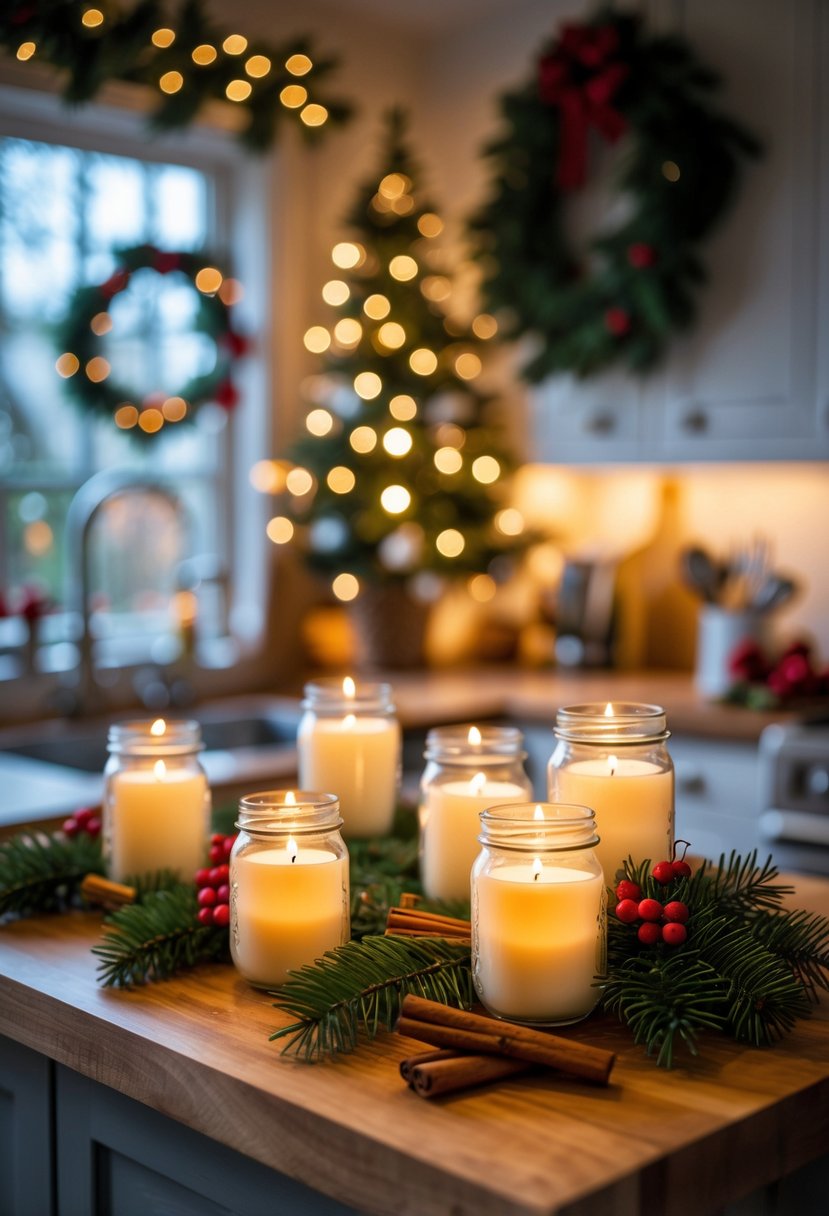 v2 15vvex 1ugmf A kitchen countertop with mason jar candle holders surrounded by Christmas decorations like pine branches, red berries, and cinnamon sticks.