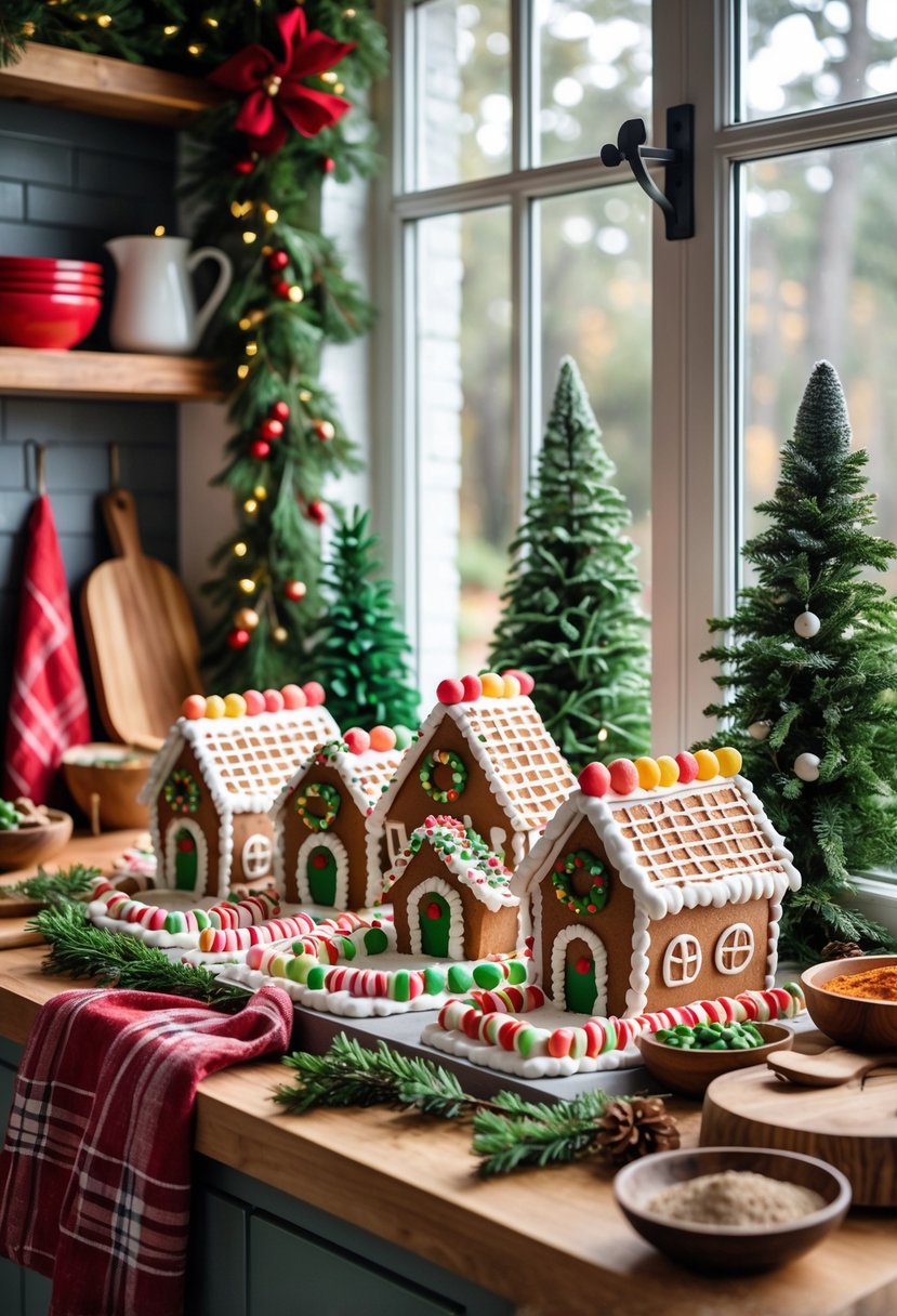 v2 15vvf9 q8kvp A cozy kitchen window display featuring a festive gingerbread village surrounded by Christmas kitchen decorations like pine garlands, cinnamon sticks, and holiday ornaments.