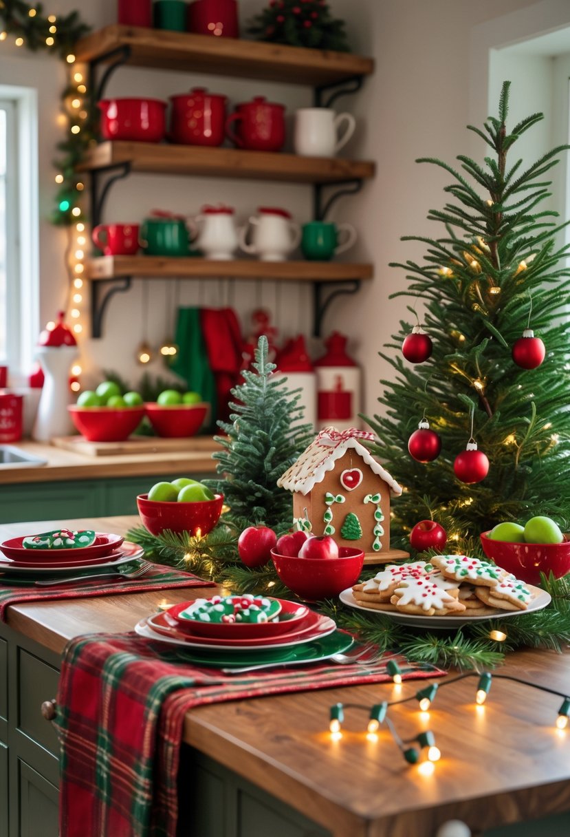 v2 15vvfl kians A kitchen decorated with red and green Christmas ornaments, pine branches, festive lights, and holiday treats on the countertop.