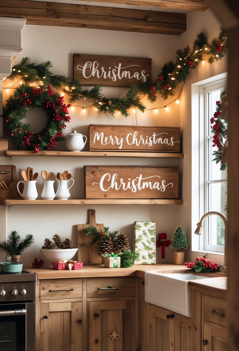 v2 15vvfy 9lh41 A cozy kitchen decorated for Christmas with rustic wooden signs, pine garlands, and festive holiday decorations on shelves and countertops.