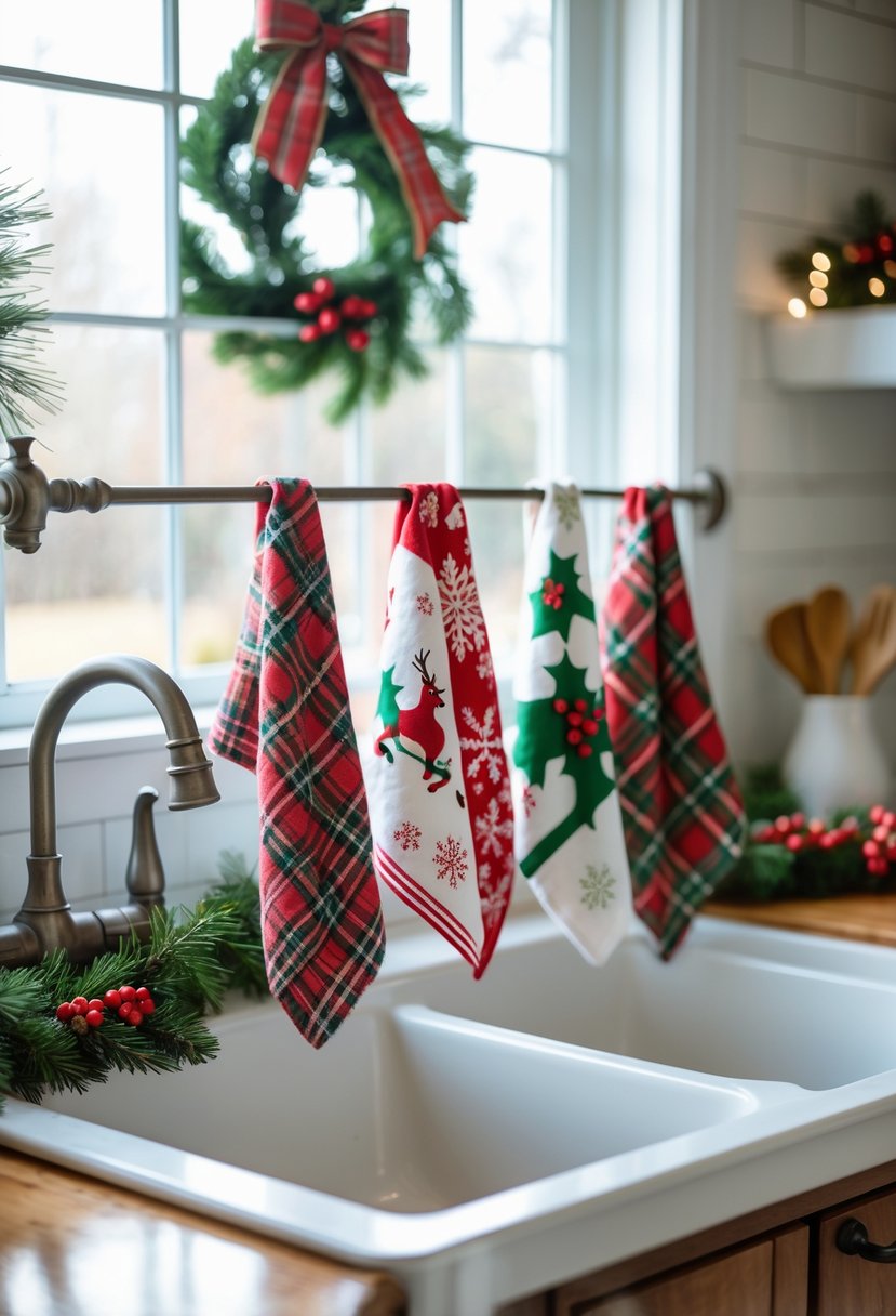 v2 15vvgq s0dc8 A kitchen with holiday-themed dish towels hanging near the sink and festive decorations on the counter.