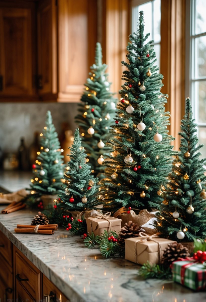 v2 15vvh4 3qkuw A kitchen countertop decorated with several small Christmas trees, holiday ornaments, pine cones, and cinnamon sticks.