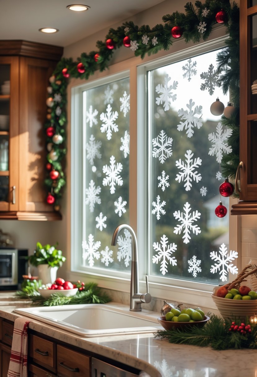 v2 15vvi1 e0f9p A kitchen decorated for Christmas with snowflake window clings on a large window, holiday decorations on the countertop, and natural daylight coming through.