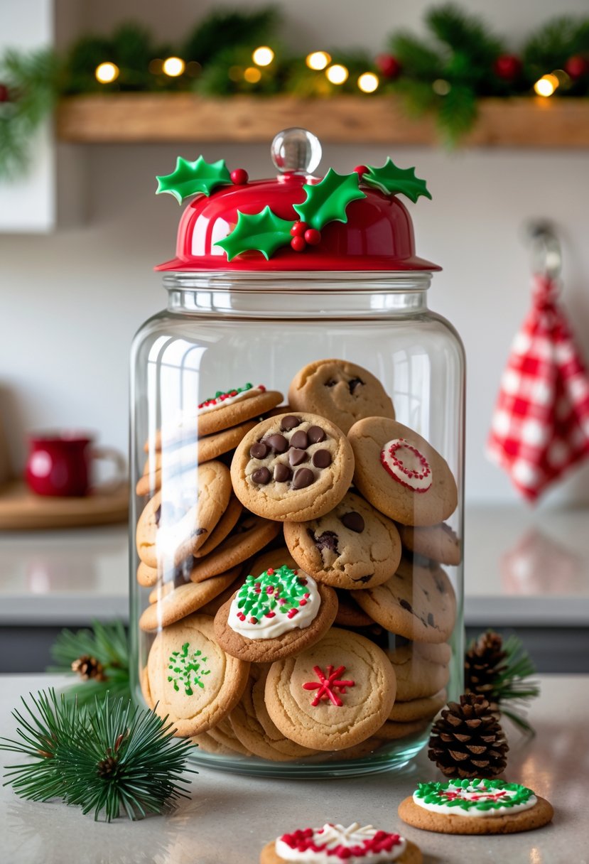v2 15vvie 984wq A Christmas cookie jar with a festive lid filled with holiday cookies on a kitchen countertop surrounded by Christmas decorations.