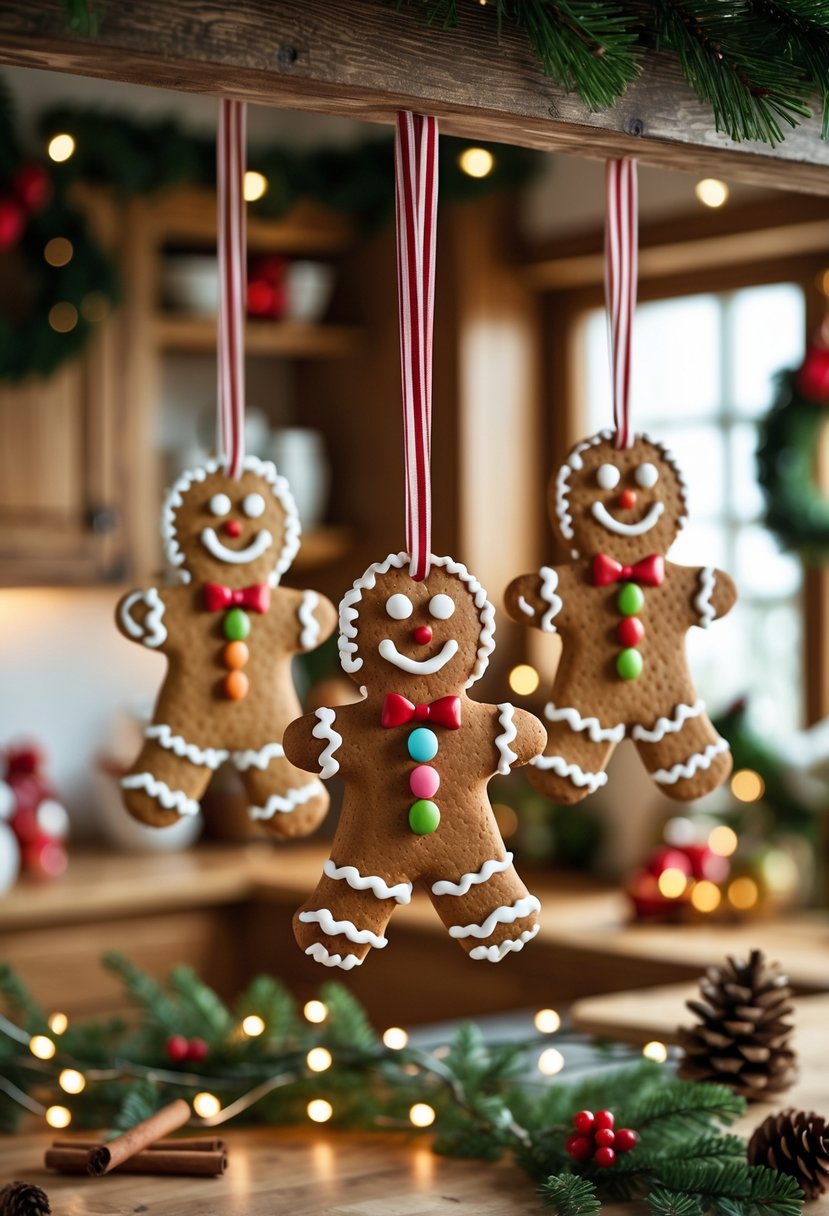 v2 15vviv c1dnh Several gingerbread man decorations hanging in a kitchen decorated for Christmas with festive ornaments and warm lighting.