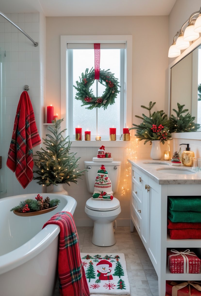 A bathroom decorated with various holiday items including wreath, candles, pine branches, festive towels, and fairy lights.