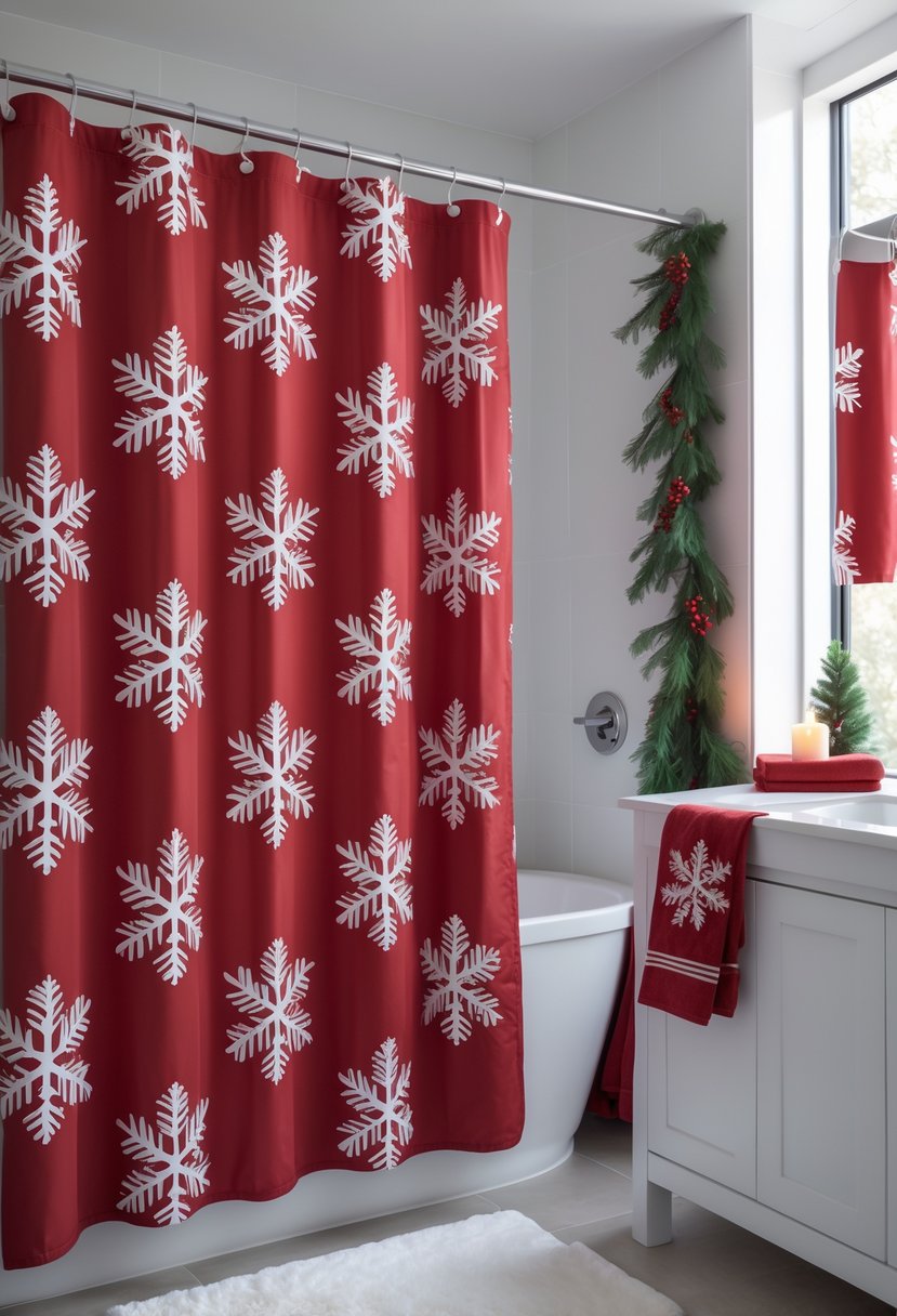Bathroom with a Christmas-themed shower curtain decorated with snowflakes and festive holiday decorations around the bathtub.