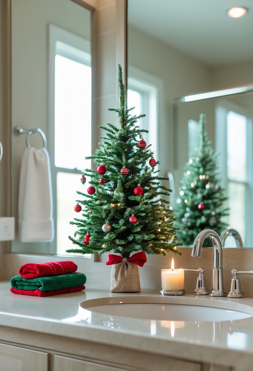 A small decorated Christmas tree on a bathroom vanity with holiday ornaments and a candle nearby.