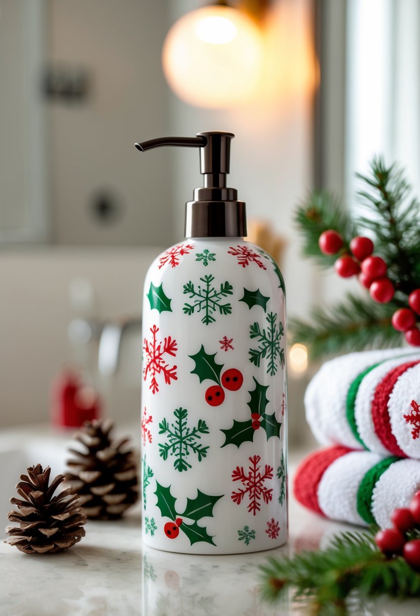 A soap dispenser with holiday decorations on a bathroom countertop surrounded by festive decor.
