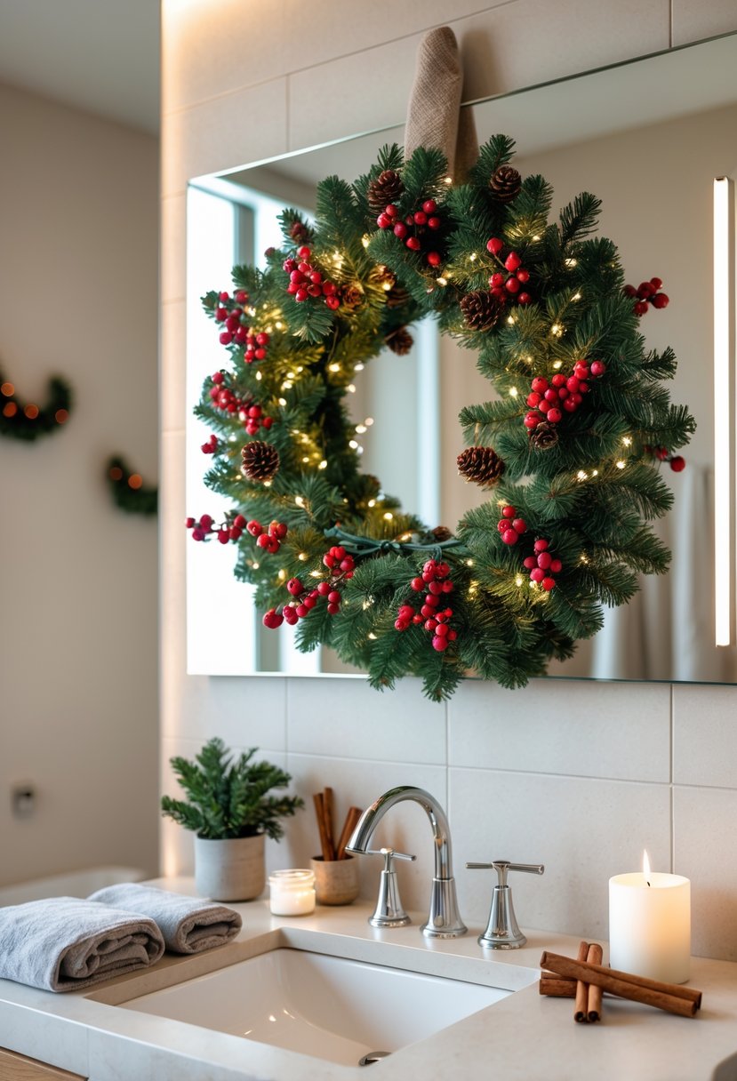 Bathroom mirror with a festive wreath hanging over it and holiday decorations on the countertop.