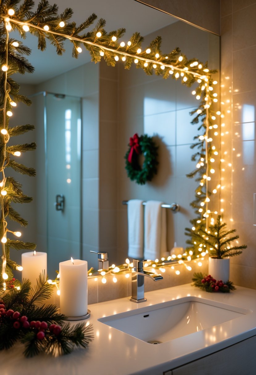 A bathroom mirror framed with glowing string lights and festive decorations on the countertop including pine branches, red berries, and candles.