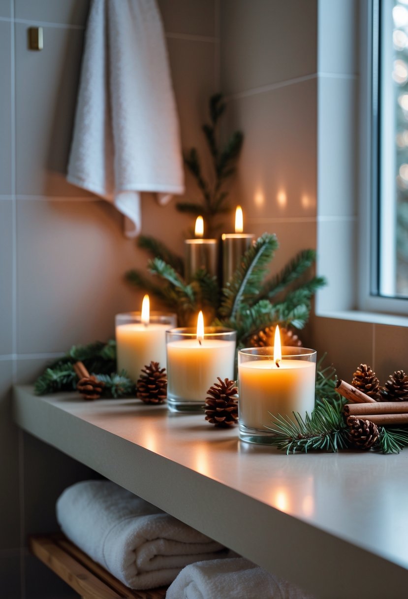 A bathroom countertop with lit cinnamon and pine scented candles surrounded by pine sprigs, cinnamon sticks, and pine cones.