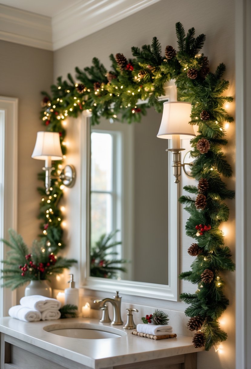 Bathroom with green garlands draped over wall sconces and festive decorations on the vanity.