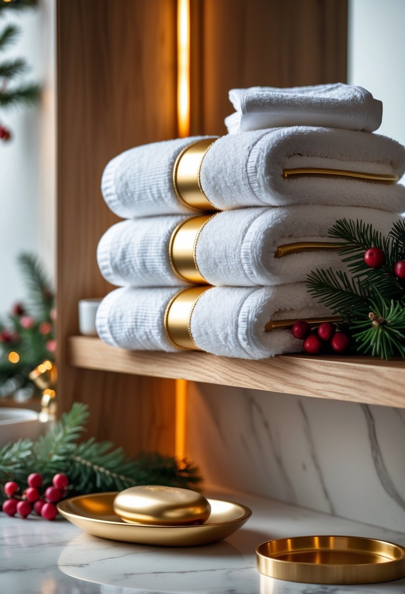 A bathroom shelf with white towels trimmed in gold and a gold soap dish, decorated with pine branches and red berries.
