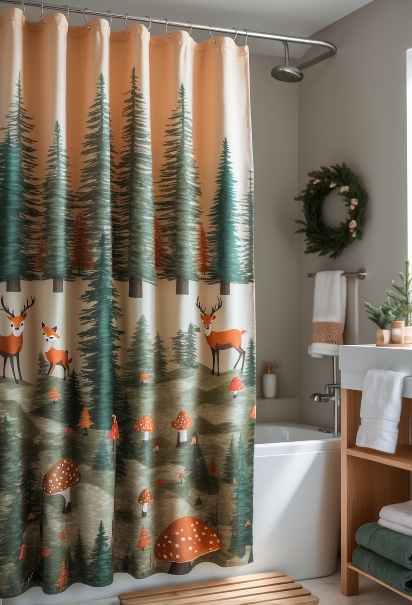 A bathroom with a shower curtain decorated with forest animals and trees, surrounded by festive holiday decorations and natural wood accents.