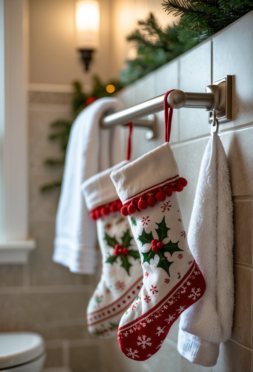 Small Christmas stockings hanging on a towel rack in a bathroom decorated for the holidays.