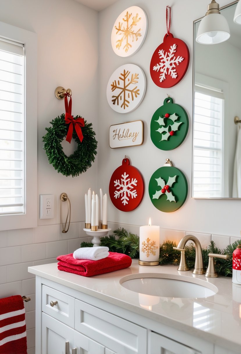 A bathroom decorated with festive holiday wall signs and seasonal decorations including wreaths, candles, and colorful towels.