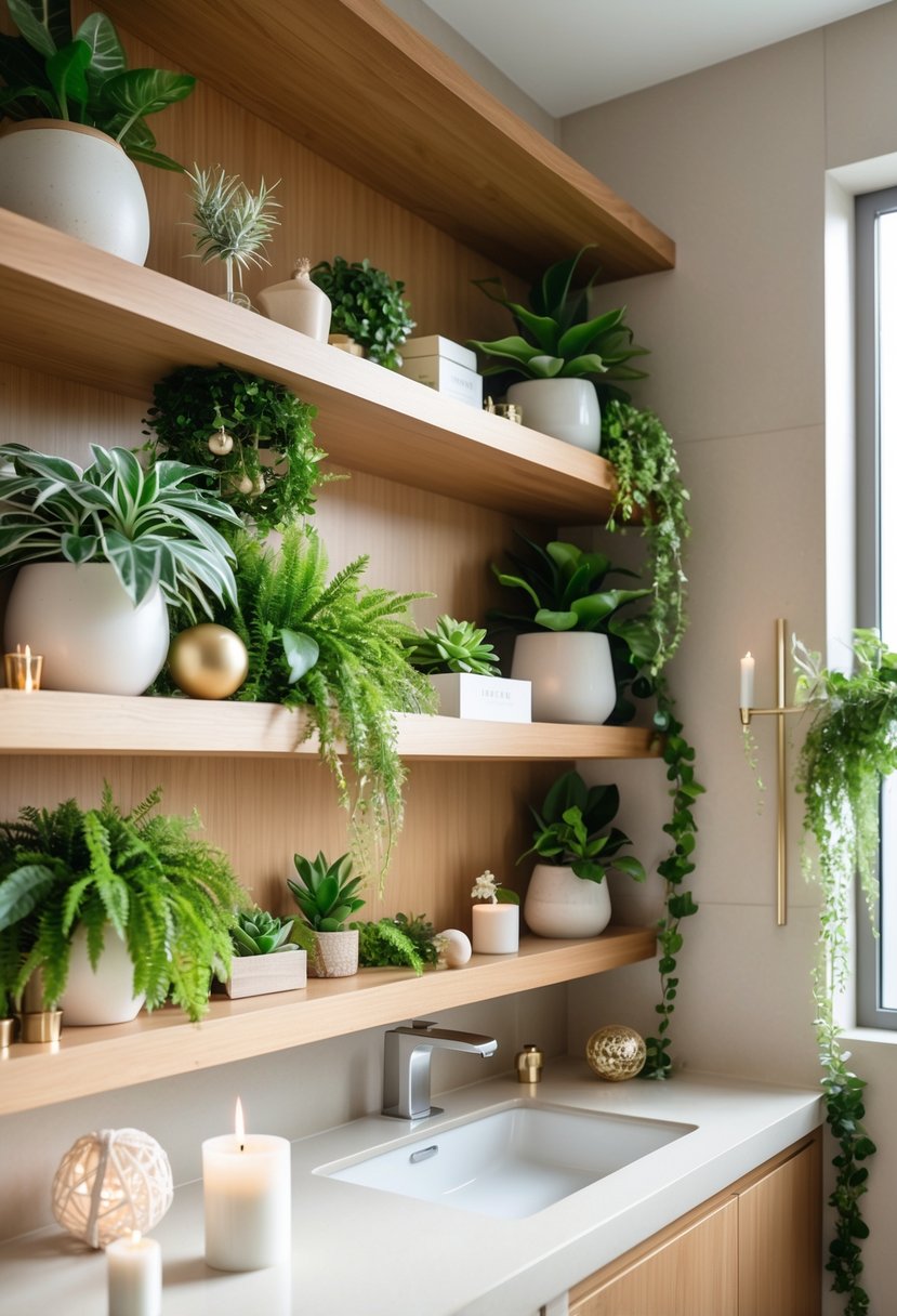 Bathroom with open shelves decorated with green plants and subtle festive decorations.