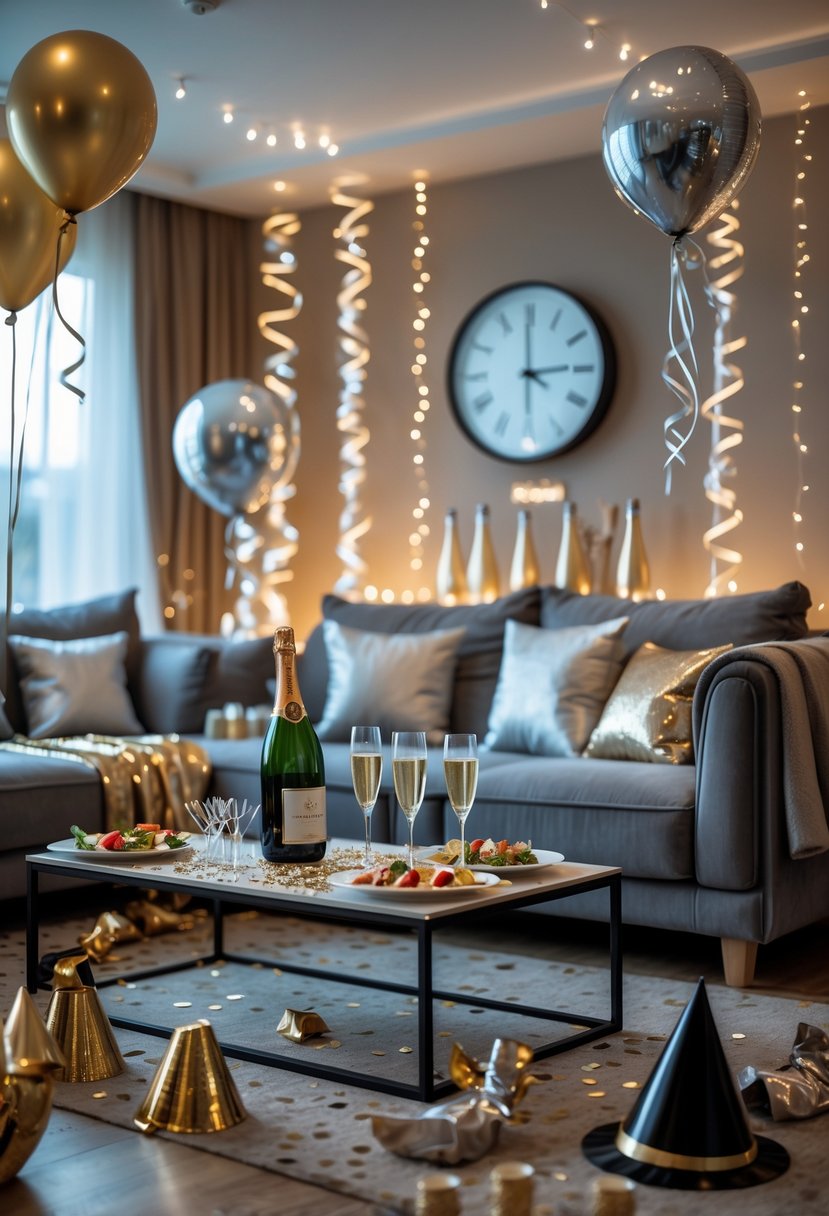 Living room decorated for a New Year's Eve party with balloons, streamers, fairy lights, a sofa, coffee table with champagne glasses, and party accessories.