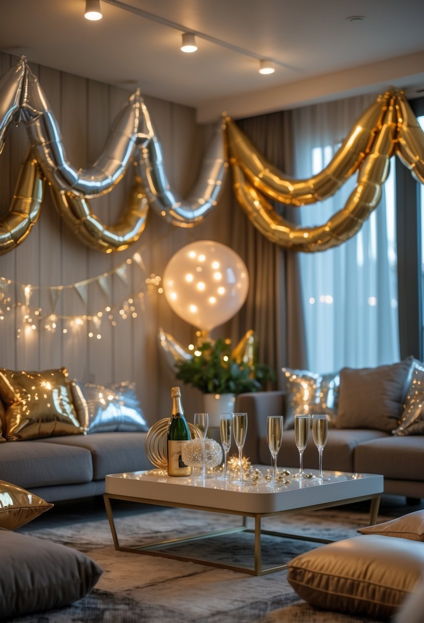 Living room decorated with metallic gold and silver balloon garlands for a New Year's Eve party.