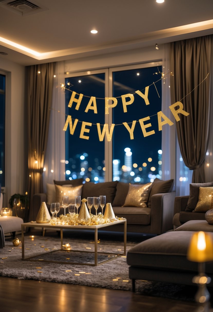 A decorated living room set up for an adult New Year's Eve party with a glitter banner, champagne glasses, and festive decorations.