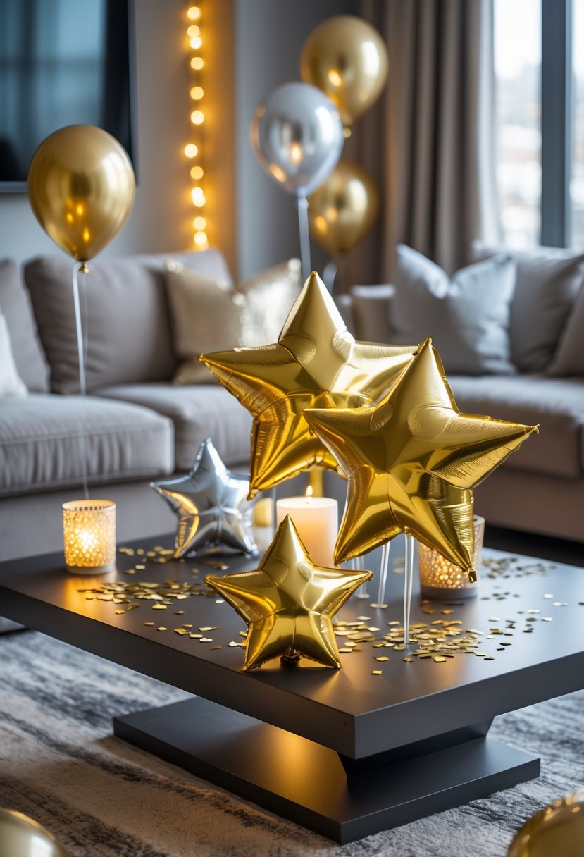 A living room decorated for a New Year's Eve party with gold 3-D star centerpieces on a coffee table surrounded by balloons and string lights.