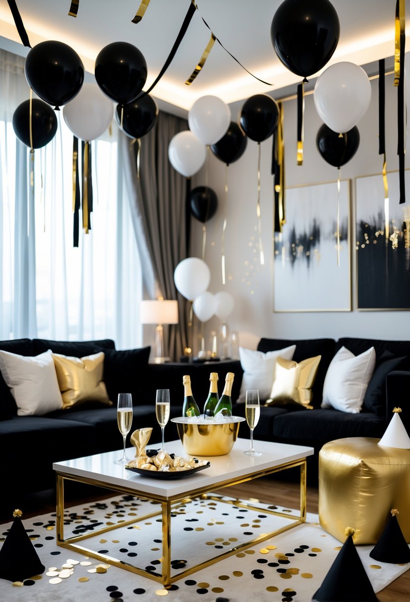 Living room decorated for a New Year's Eve party with black, white, and gold balloons, streamers, and party accessories on a sofa and coffee table.