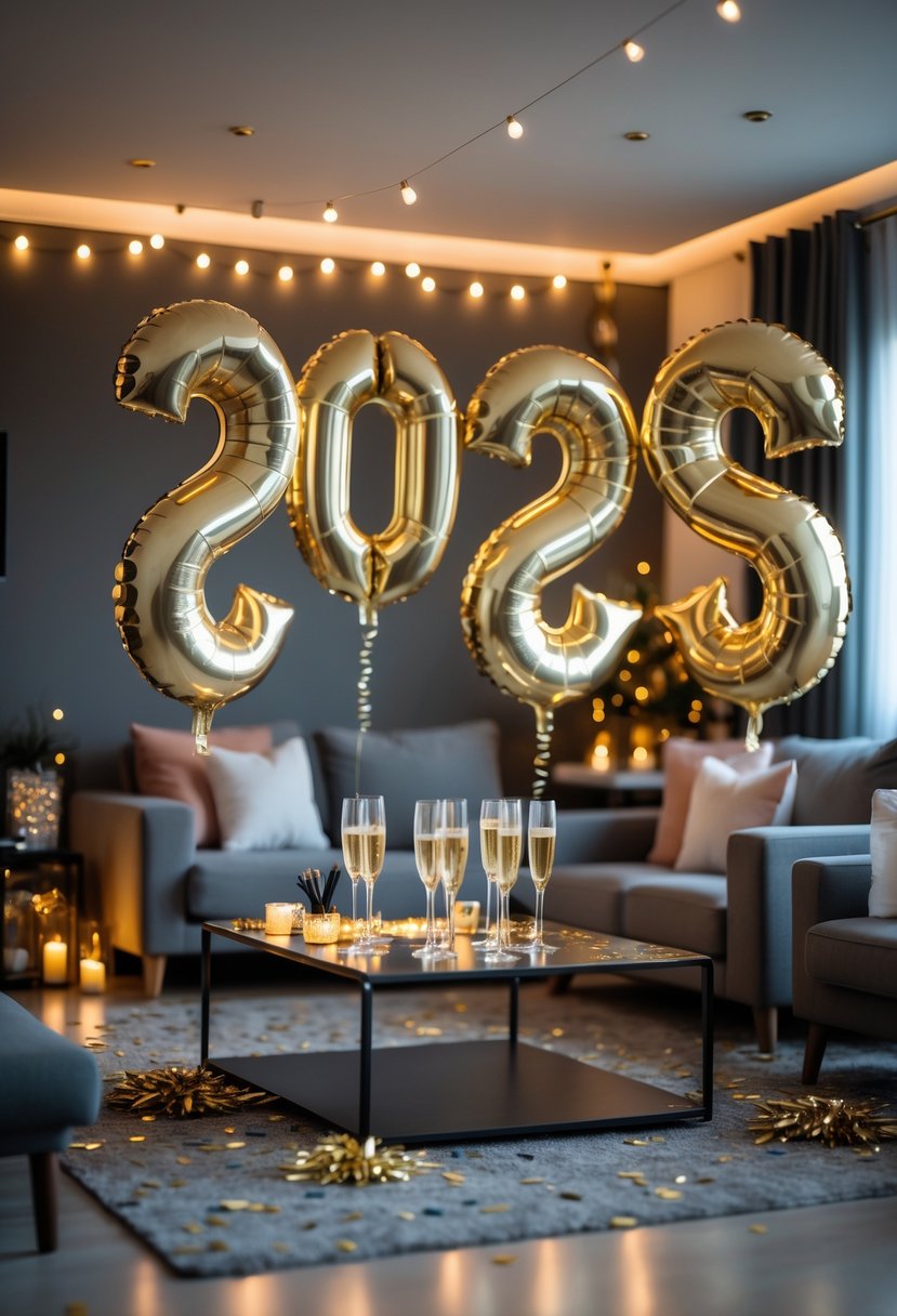 Living room decorated with oversized gold number balloons reading 2026 and festive New Year's Eve party decorations.