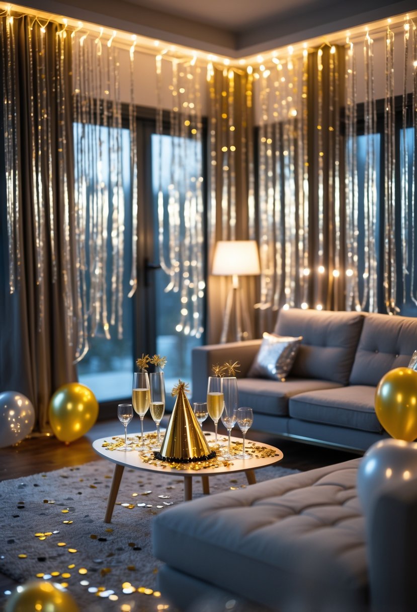 Living room decorated with silver and gold streamer curtains and New Year party decorations including balloons and champagne glasses.